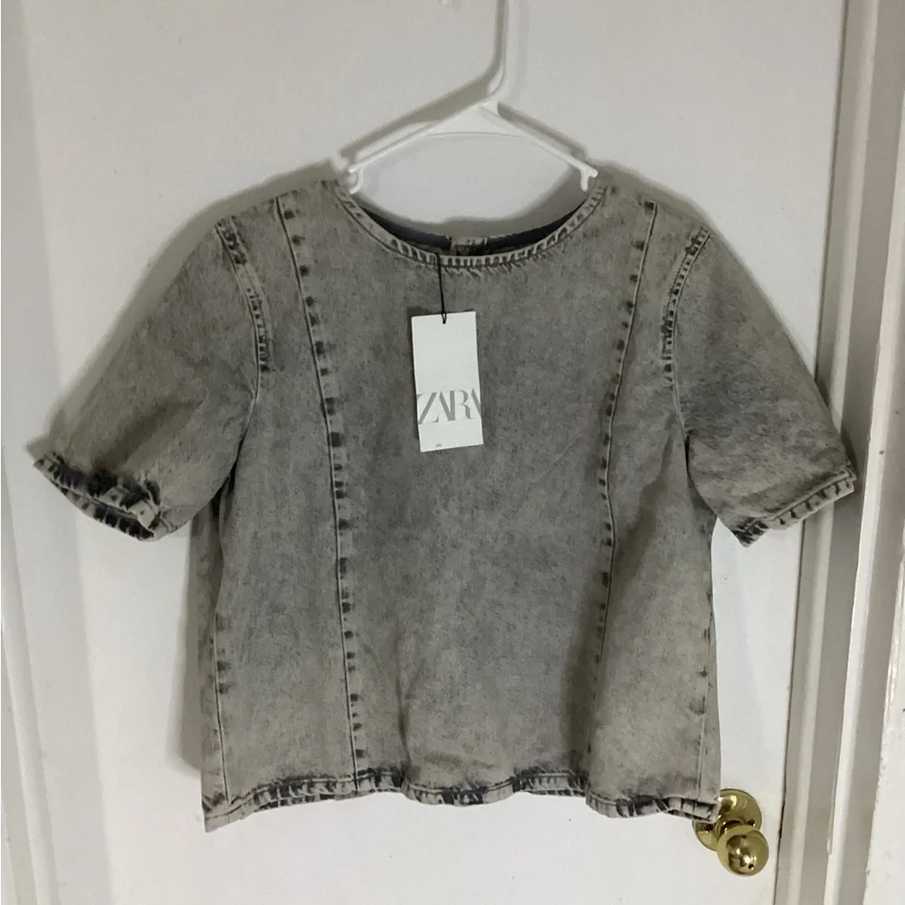 Zara gray acid wash denim button down top Size XL - Picture 1 of 4